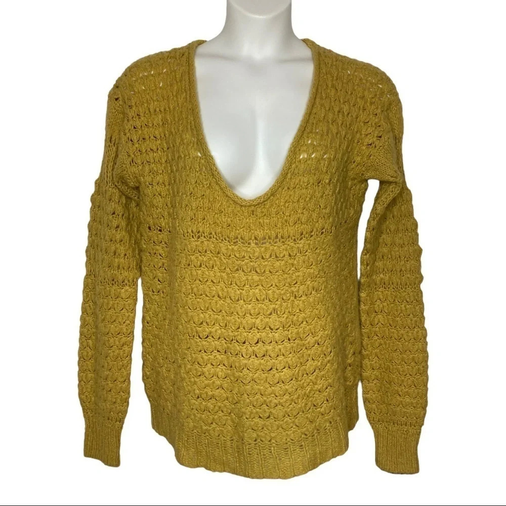 Free People Mustard V-Neck Knit Sweater